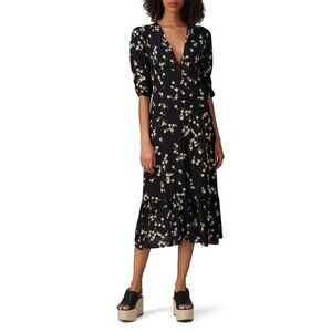Flynn Skye Elsie Black Floral Print Short Sleeve Midi Dress Women's Size Small S